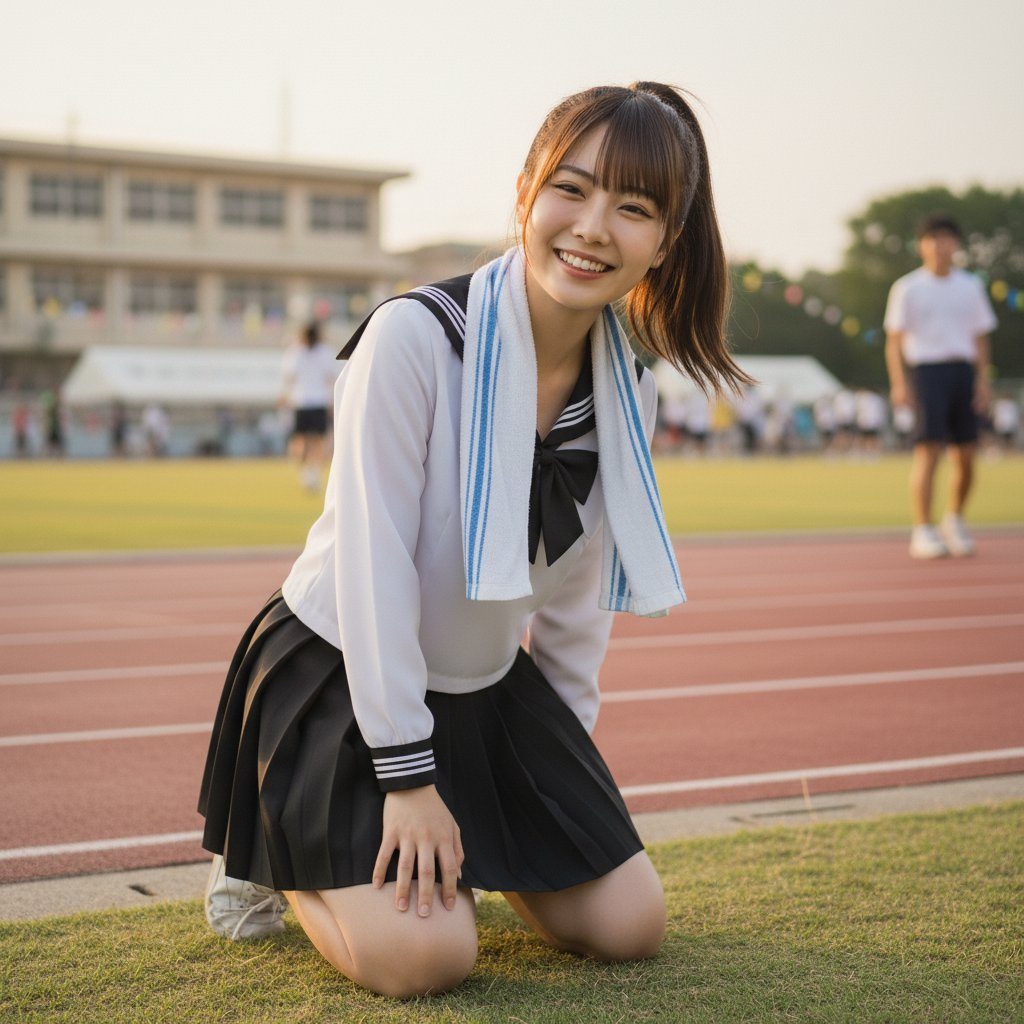 Smiling young woman in Japanese school uniform kneeling on grass beside a running track at golden hour.