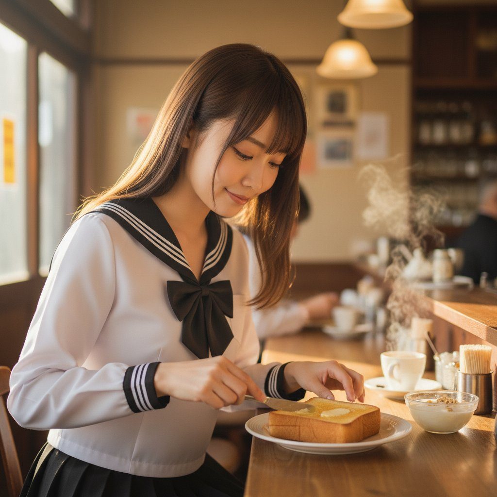 Young woman in a Japanese sailor uniform spreading butter on toast at a cozy sunlit cafe counter.