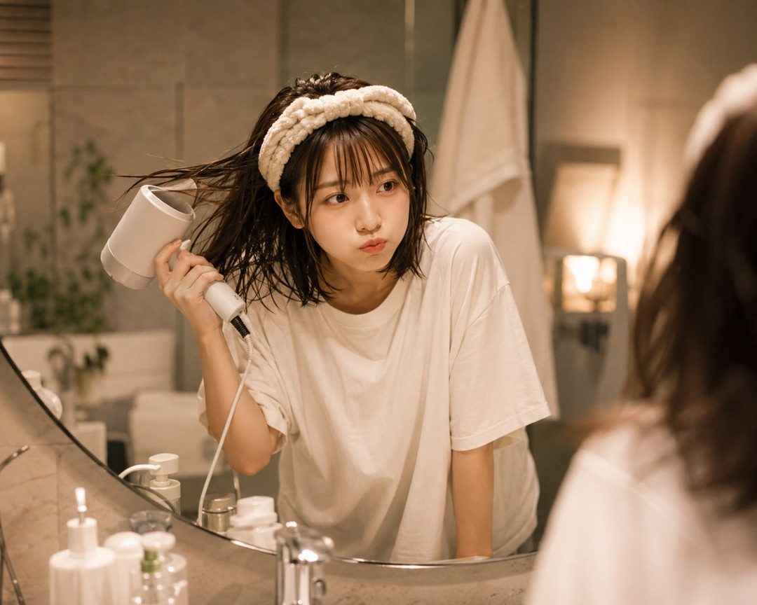 Young Japanese woman with wet brown hair drying it in a bathroom mirror while wearing a white t-shirt and fluffy headband.