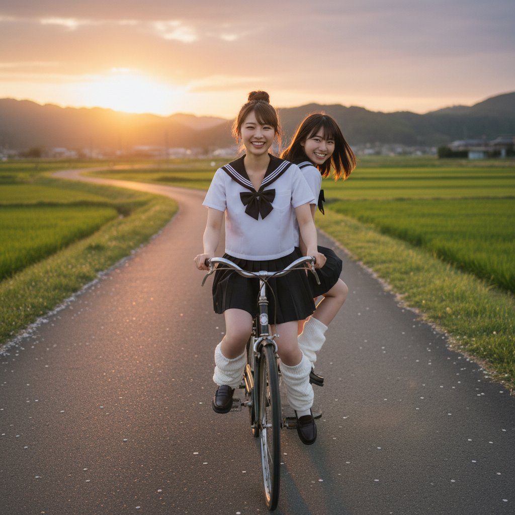 Two young women in Japanese school uniforms smiling while riding a bicycle on a rural path at sunset.