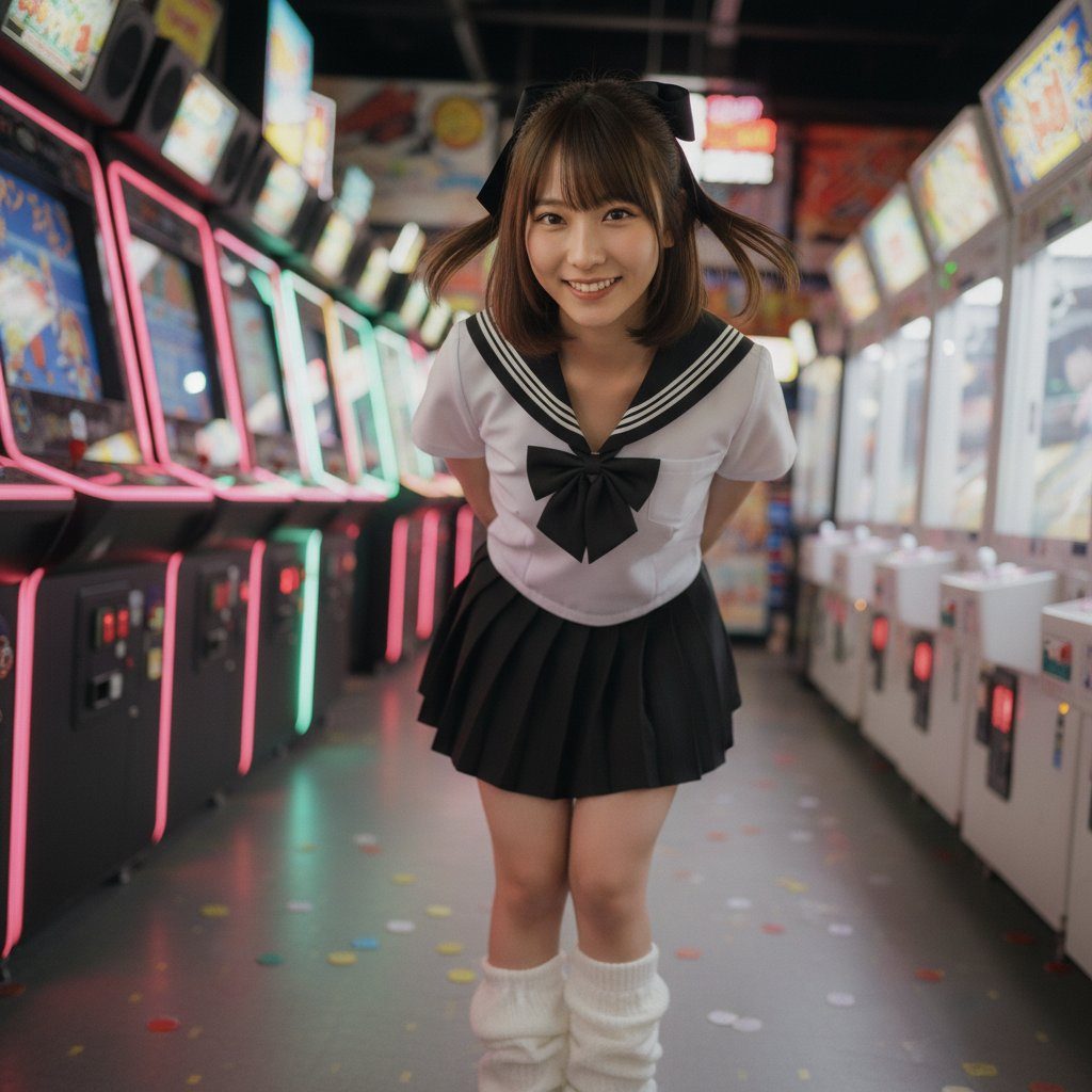 Smiling young woman in a classic Japanese sailor school uniform posing inside a vibrant arcade filled with glowing claw machines.