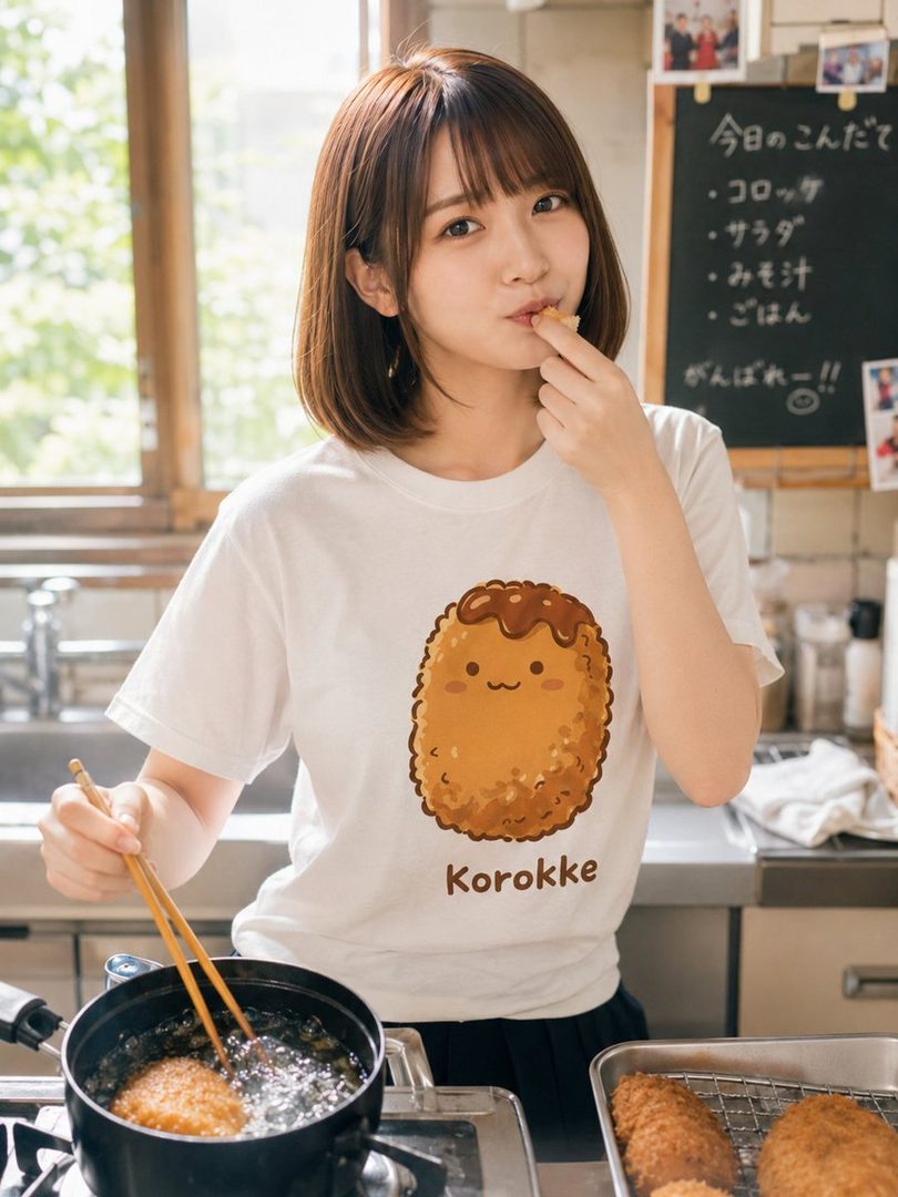 Young Japanese woman with brown bob hair wearing a korokke T-shirt, tasting food while frying croquettes in a bright kitchen.