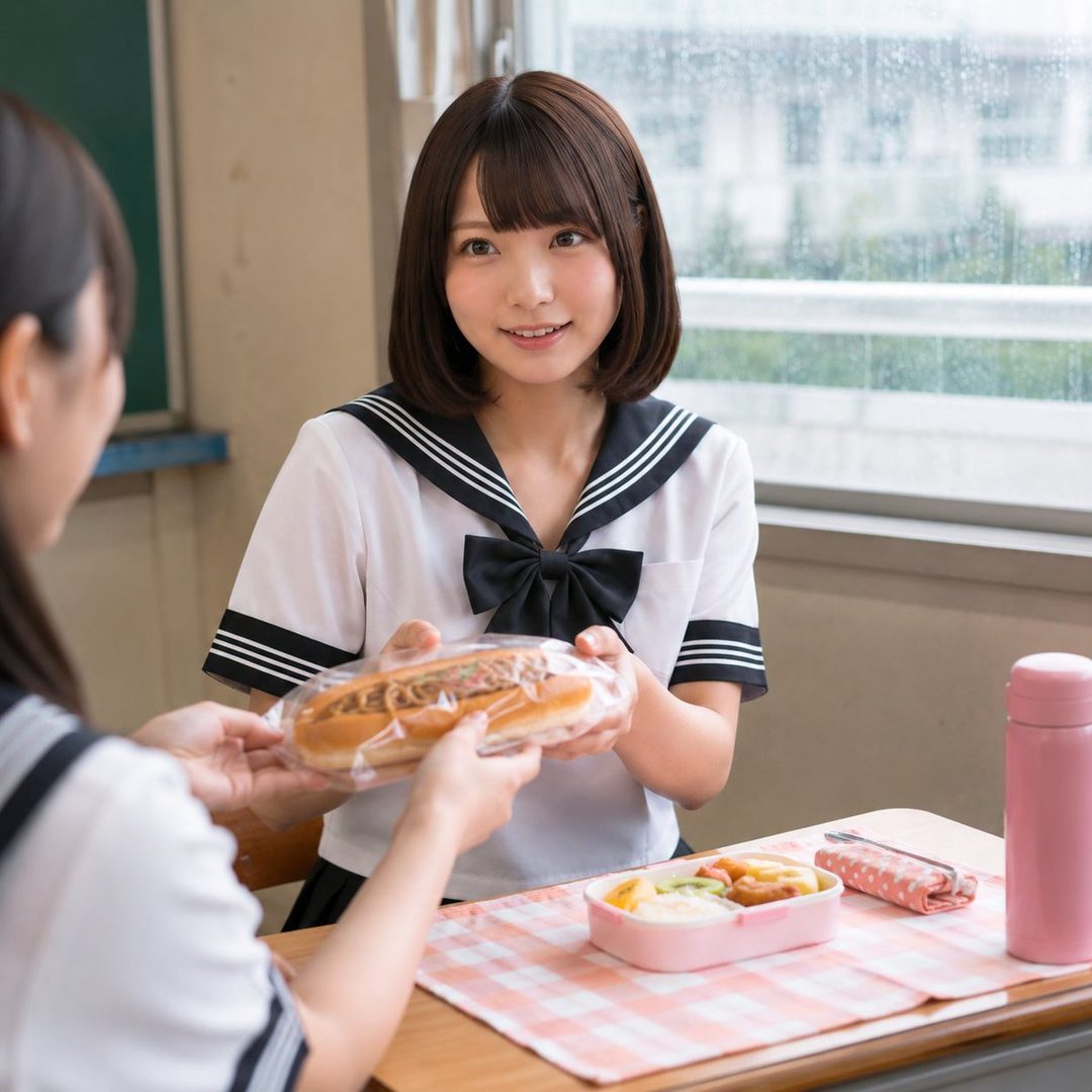 Young Japanese woman in sailor uniform smiling while offering a yakisoba sandwich in a bright classroom setting.