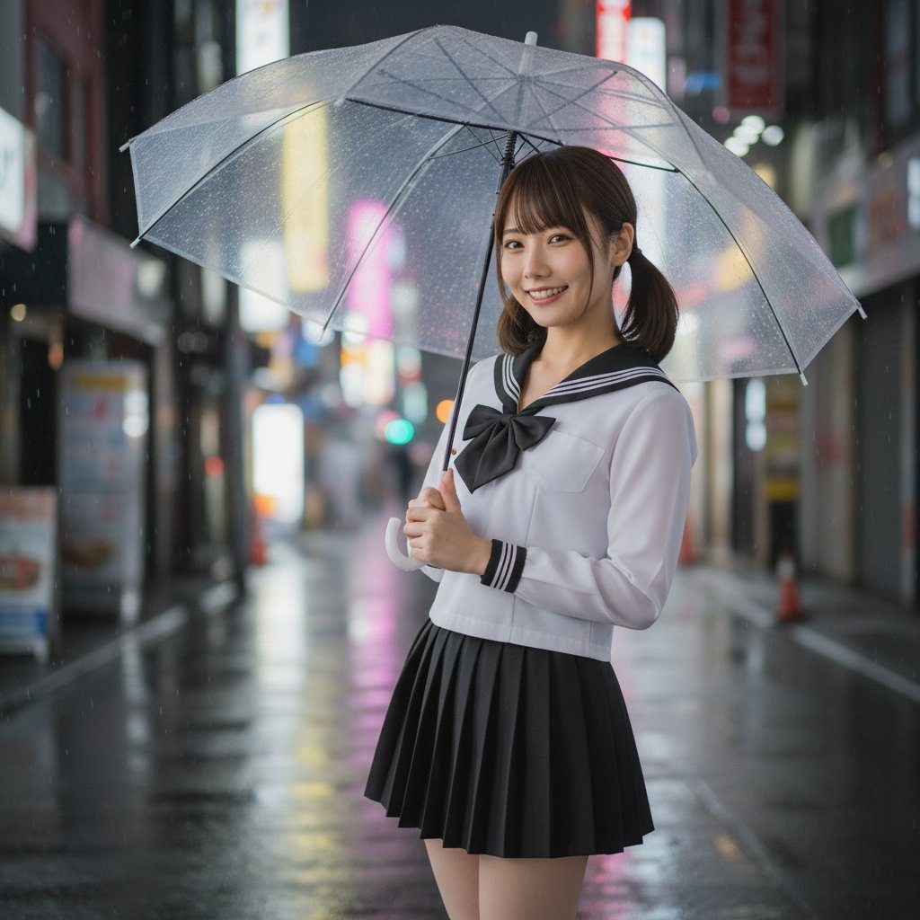 Young woman in Japanese sailor uniform smiling with a transparent umbrella on a rainy neon city street at night.
