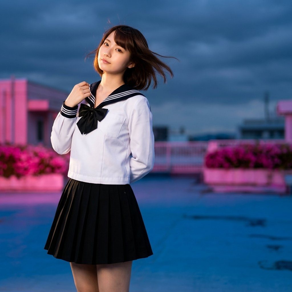 Young woman in a classic Japanese sailor school uniform posing on a rooftop at dusk with pink railings and dramatic clouds.
