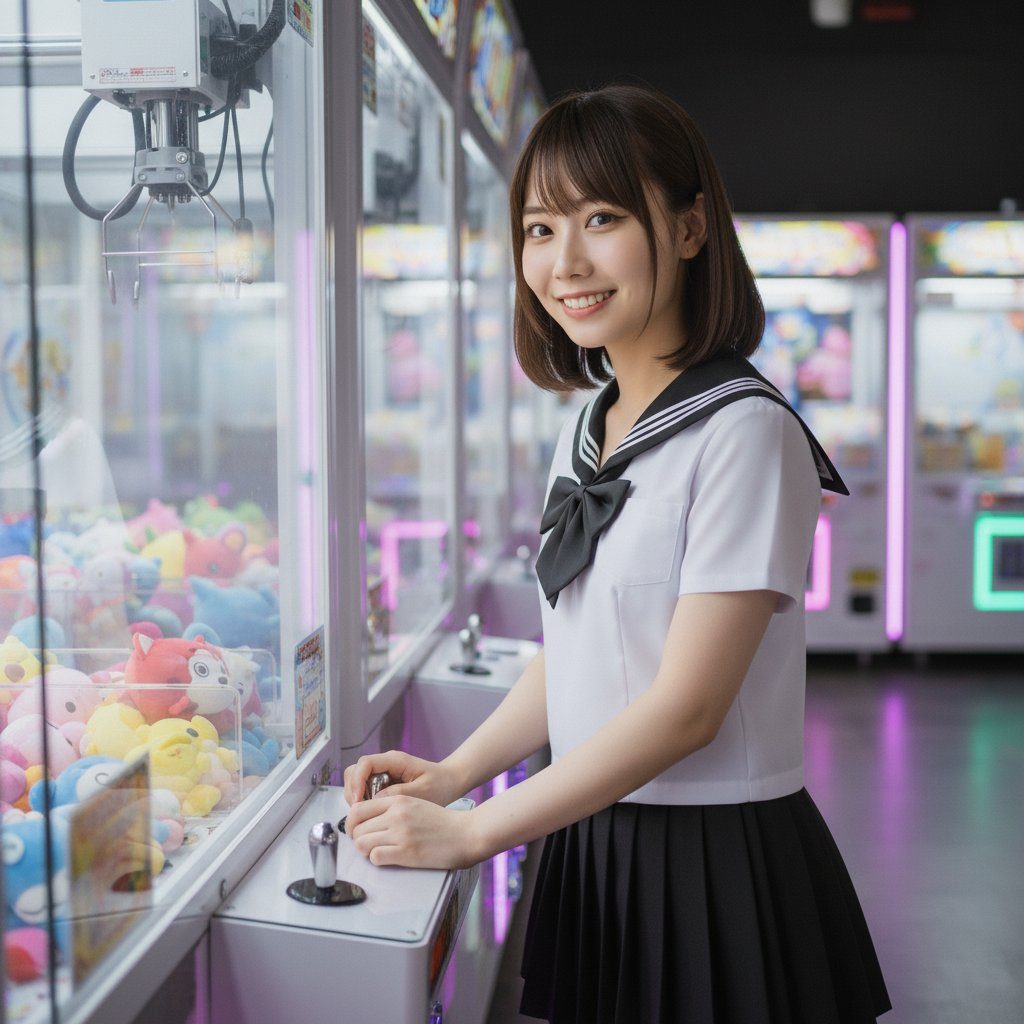 Smiling young woman in Japanese school uniform standing by a claw machine in a colorful arcade.