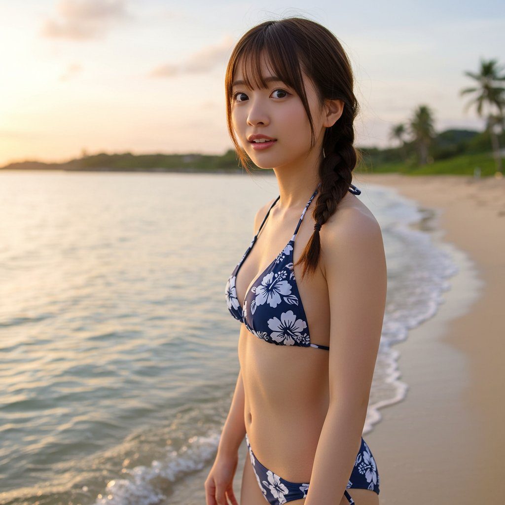 Young woman in a blue floral bikini posing on a tropical beach at sunset with ocean waves behind her.