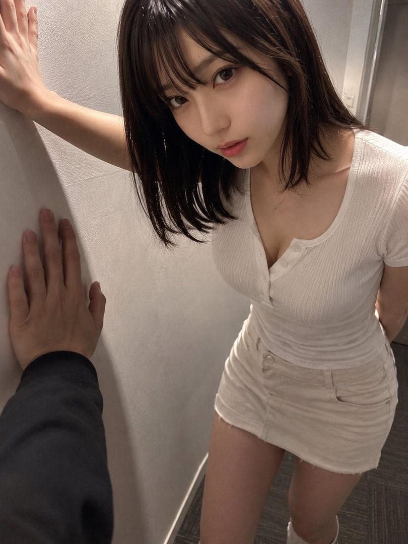 Young woman with short black hair in a white ribbed top and mini skirt posing indoors against a wall.