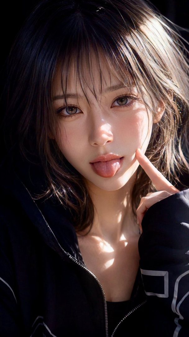 Close-up portrait of a young East Asian woman with dark tousled hair and bangs, playfully sticking out her tongue while pointing at her cheek under bright sunlight.