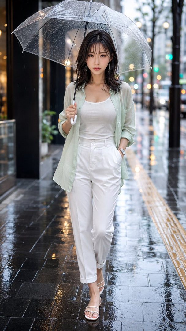 Young East Asian woman in white outfit and mint green shirt walking on a rainy city street at night while holding a transparent umbrella.