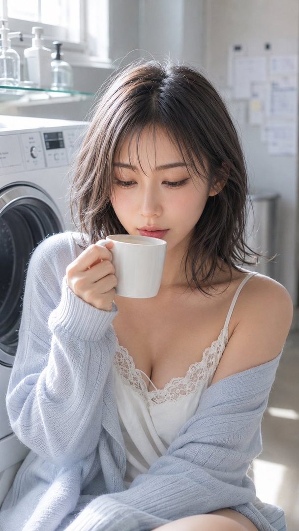 A young woman with shoulder-length brown hair sips coffee while wearing an off-shoulder blue cardigan over a white lace camisole in a sunlit laundry room.