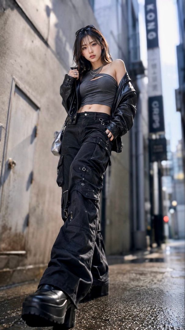 Young woman in grunge street fashion posing on a wet urban alley with black cargo pants and cropped top.