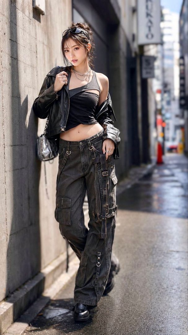 Young woman in grunge street fashion posing confidently in a sunny urban alley with black cargo pants and cropped top.