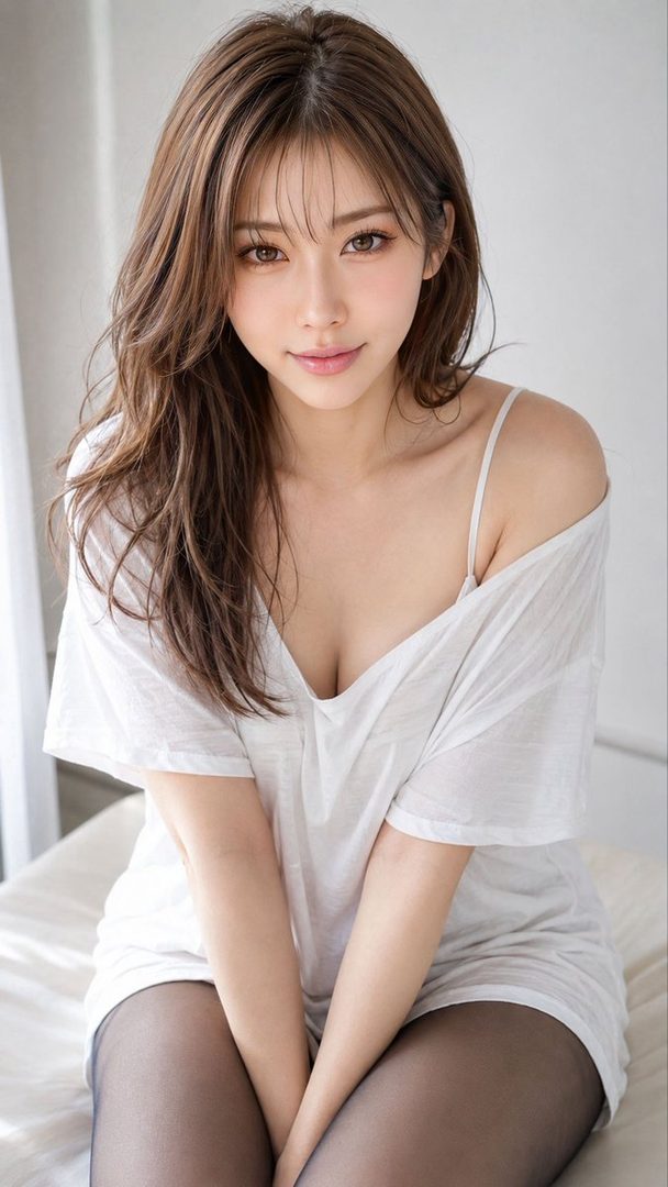 A young East Asian woman with long wavy brown hair wearing an off-shoulder white t-shirt and black tights, seated on a bed in soft indoor lighting.
