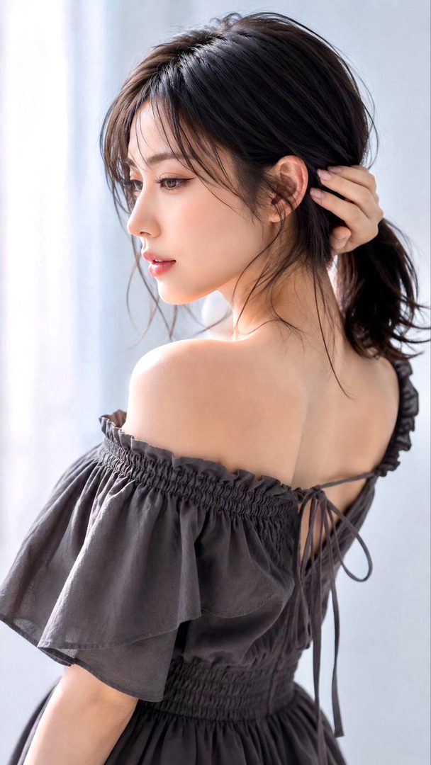 Elegant young woman with long black hair wearing a dark off-shoulder ruffle dress, posing in soft indoor light.