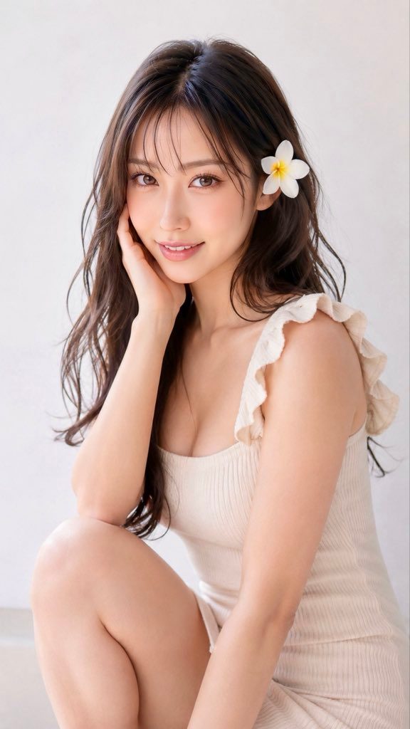 Elegant young woman with long brown hair adorned with a white plumeria flower, wearing a soft beige ribbed dress in a minimalist studio setting.