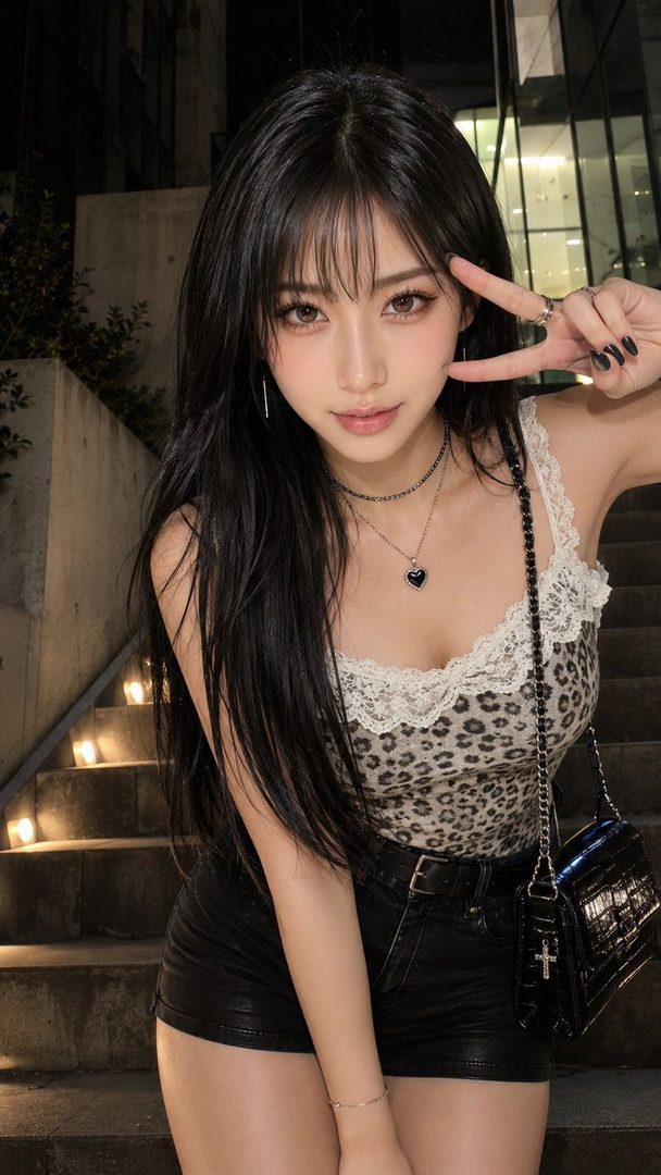 Young East Asian woman with long black hair posing at night on outdoor stairs, wearing a leopard-print lace camisole and black shorts.