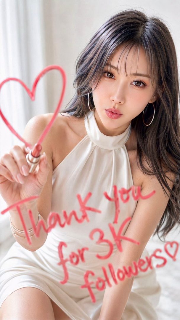 AI-generated portrait of a young East Asian woman in a white halter dress holding a lipstick-drawn heart, with thank you text for 3K followers.