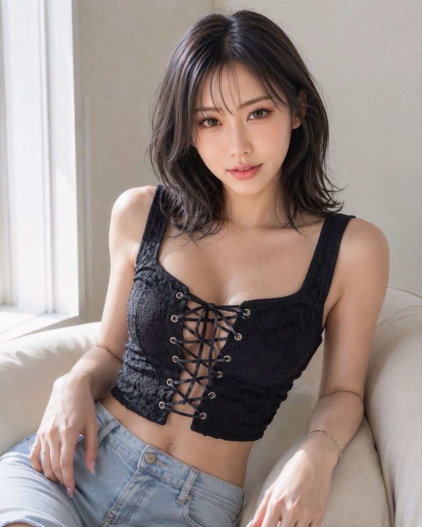 A young East Asian woman with shoulder-length black hair wearing a revealing black lace-up crop top, seated indoors in a studio portrait.