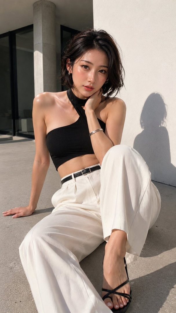 Stylish young East Asian woman with short black hair posing outdoors in an asymmetric black crop top and white wide-leg trousers.