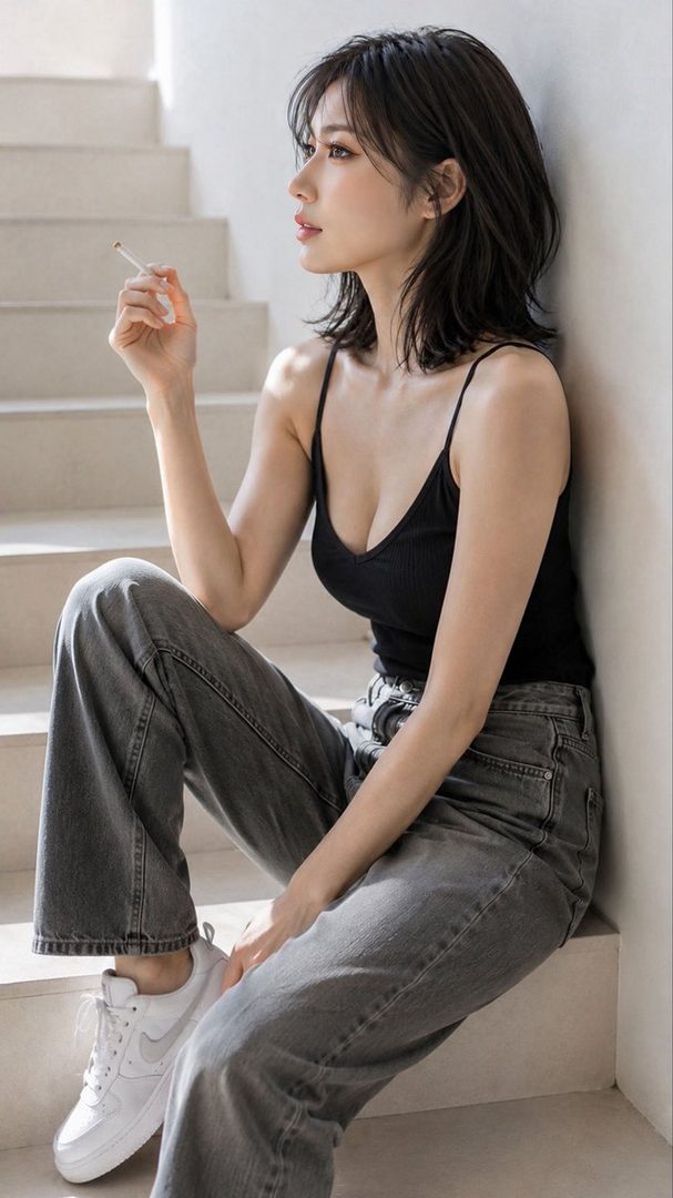 A stylish Asian woman with short black hair sits on indoor stairs holding a cigarette, wearing a black camisole and gray jeans.