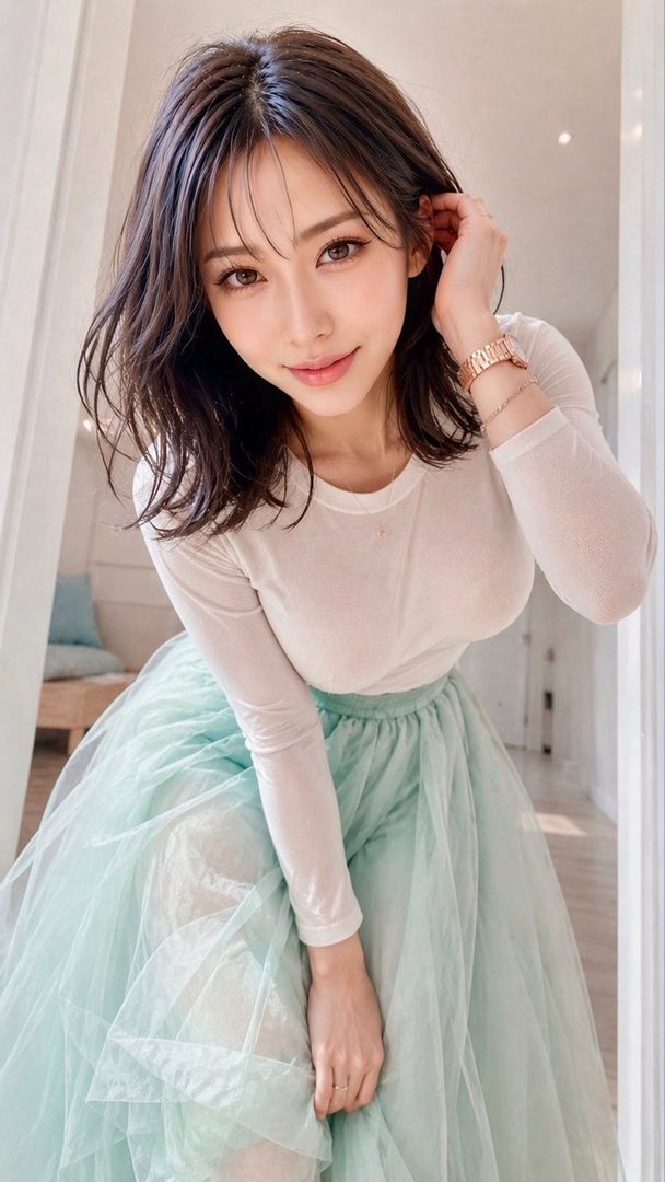 A young East Asian woman with shoulder-length brown hair wearing a white long-sleeve top and flowing mint green tulle skirt poses indoors.