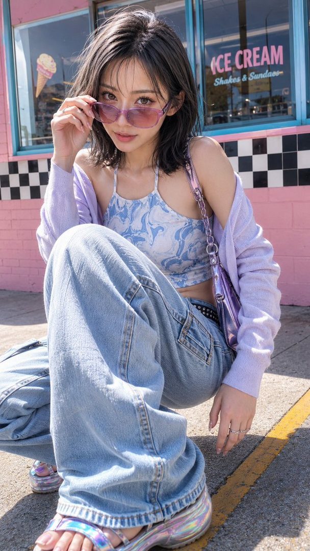 Young Asian woman with short black hair and pink sunglasses posing casually on the street in front of a retro ice cream shop, wearing a crop top, lavender cardigan, and baggy jeans.