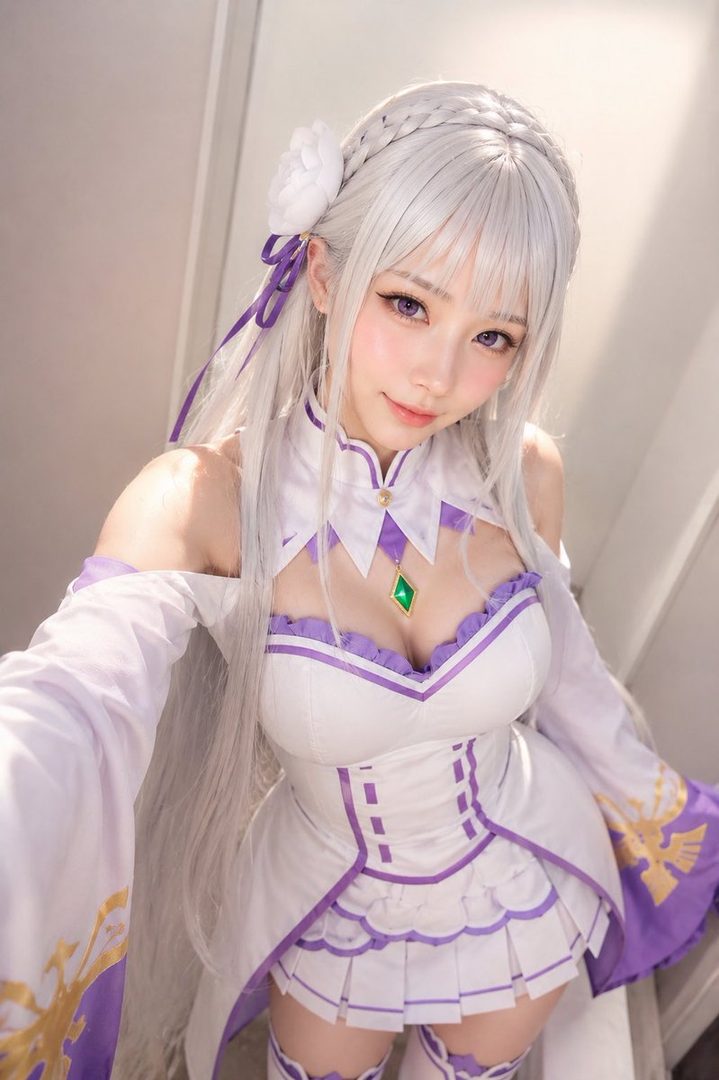 Young woman cosplaying as Emilia from Re:Zero taking a selfie in a white and purple fantasy dress with long silver hair.