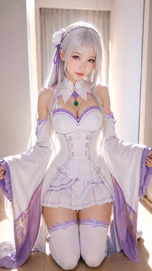 Cosplay portrait of Emilia from Re:Zero with long silver hair wearing a white and purple dress, kneeling indoors.