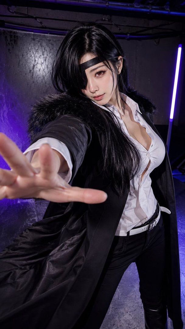Cosplay of Asa from Yomi no Tsugai, a woman with long black hair and a headband reaching dramatically toward the camera in a dark indoor setting.