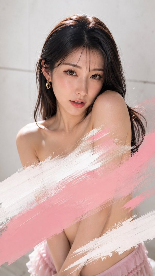 Portrait of a young East Asian woman with long dark hair and bare shoulders posing against a white wall with pink brushstroke overlays.
