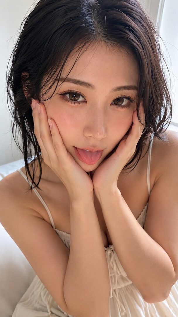 Close-up portrait of a young East Asian woman with shoulder-length dark hair, playfully sticking out her tongue while resting her cheeks in her hands, wearing a light camisole indoors.