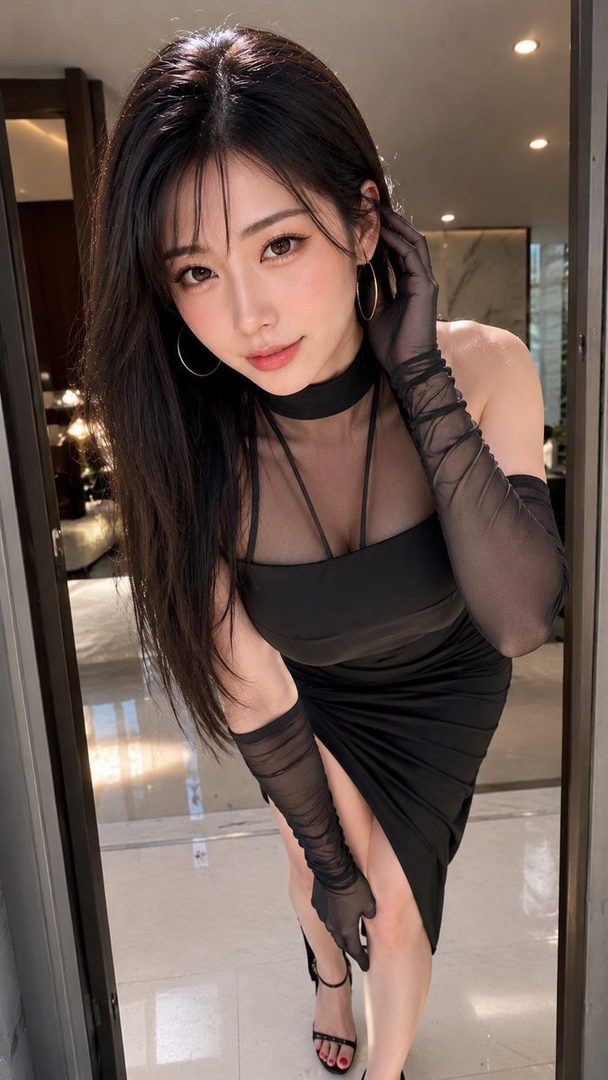 Elegant young woman with long black hair wearing a sheer black dress and gloves posing indoors.