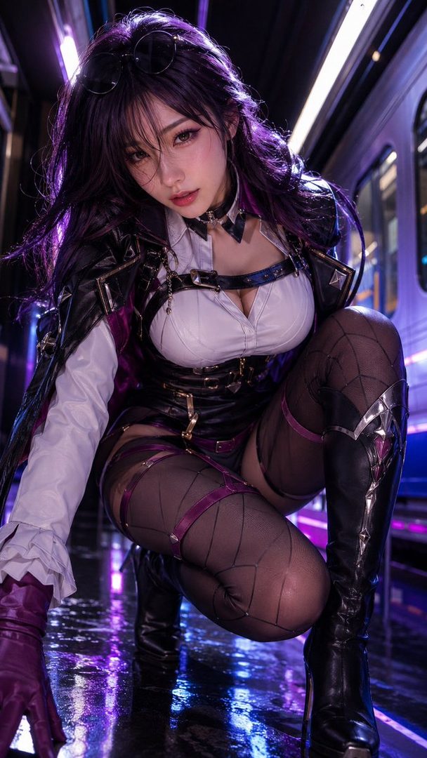 Stunning cosplayer as Kafka with long purple-black hair crouching on a neon-lit train platform at night in a revealing black and white outfit with fishnet stockings.