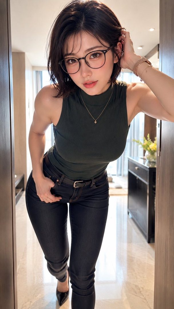A stylish young woman with short black hair and glasses posing confidently indoors in a dark green ribbed sleeveless top and black jeans.