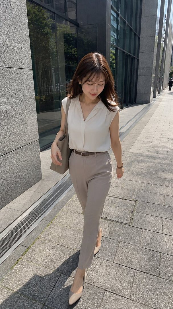 A woman with long brown hair walks down a city street wearing a light-colored blouse, beige trousers, and heels, carrying a matching tote bag.