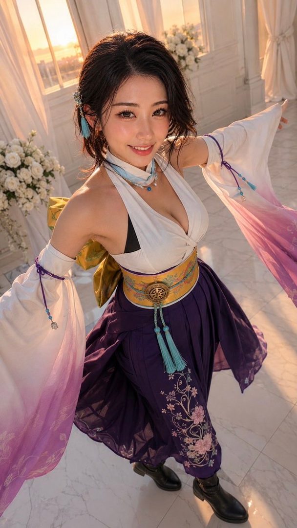 A smiling woman in a flowing white and purple fantasy cosplay outfit posing indoors during golden hour.