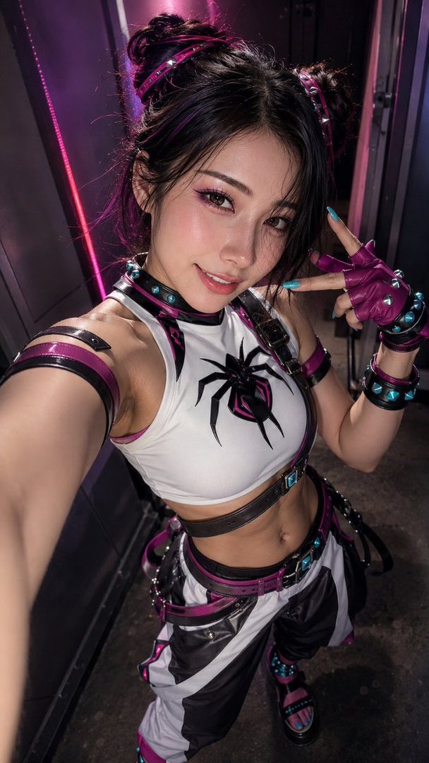 Young woman cosplaying as Juri taking a confident selfie in a neon-lit indoor setting.