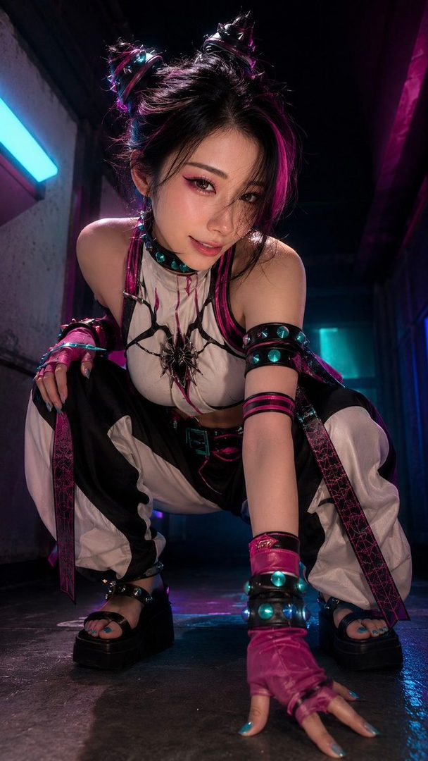 AI-generated cosplay portrait of Juri from Street Fighter squatting in a neon-lit alley at night.