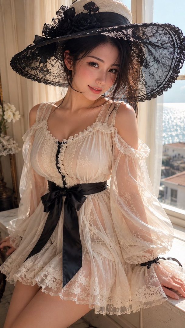 Elegant young woman in a sheer lace off-shoulder dress and oversized black hat posing by a sunlit window overlooking the sea.