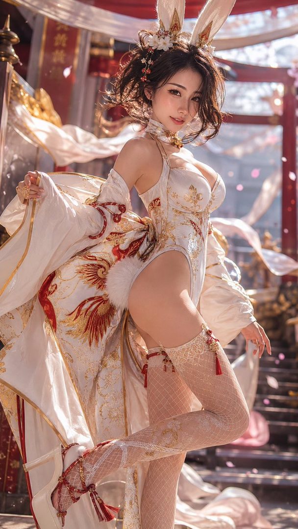 Elegant Asian woman in ornate white and gold bunny cosplay posing gracefully inside a traditional Chinese temple hall.