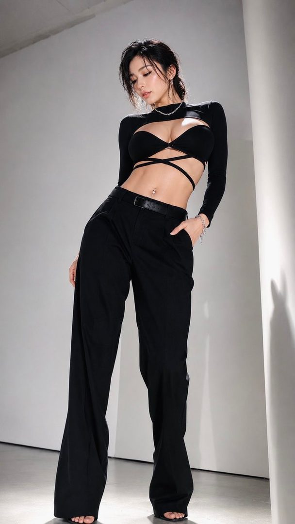 A stylish Asian woman posing in a revealing black cut-out top and wide-leg trousers inside a minimalist white studio.