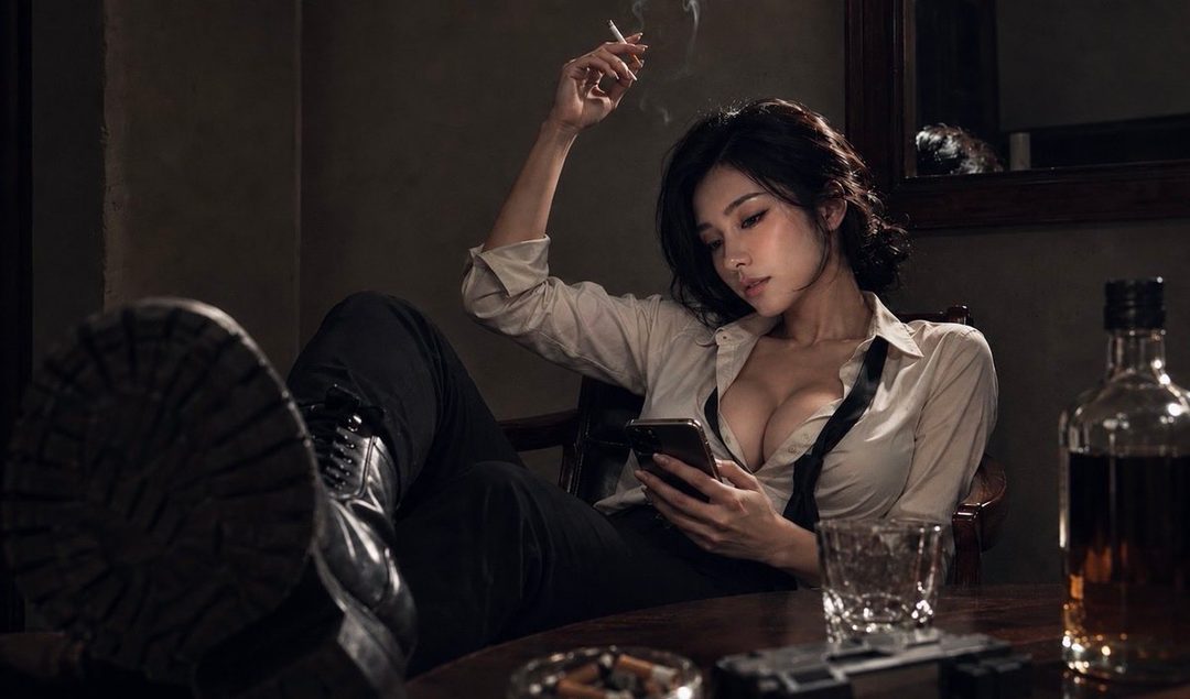 A seductive East Asian woman in an unbuttoned white blouse reclines with boots on the table, smoking a cigarette while scrolling on her phone in a moody dimly lit room.