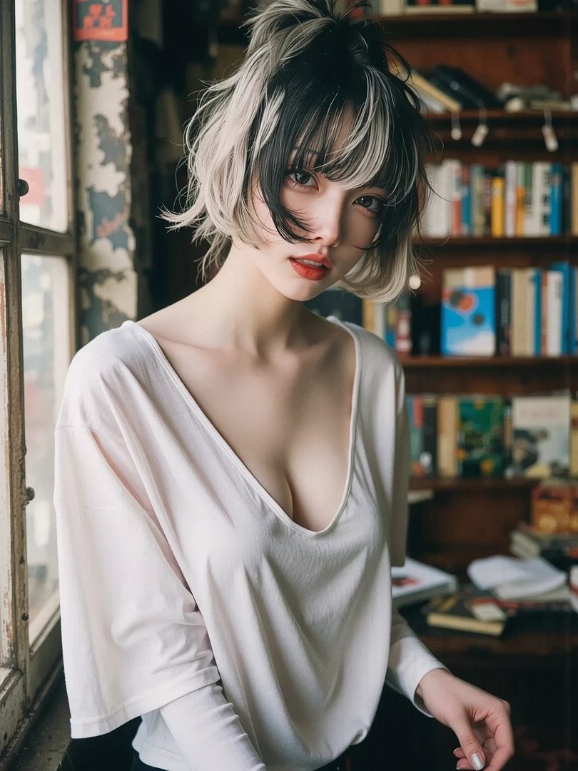 Young woman with short black and blonde bob hair wearing a loose white low-cut top in a cozy indoor library setting.