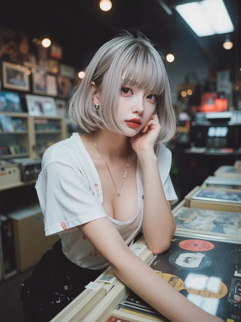 Young woman with silver bob haircut and red lips posing thoughtfully in a record store surrounded by vinyl records.