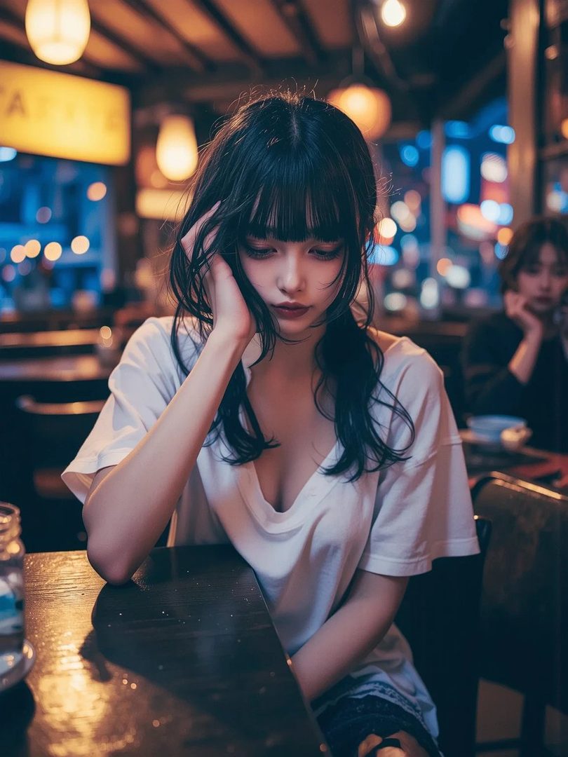 A young woman with long black hair and bangs sits thoughtfully at a wooden table in a dimly lit cafe at night.