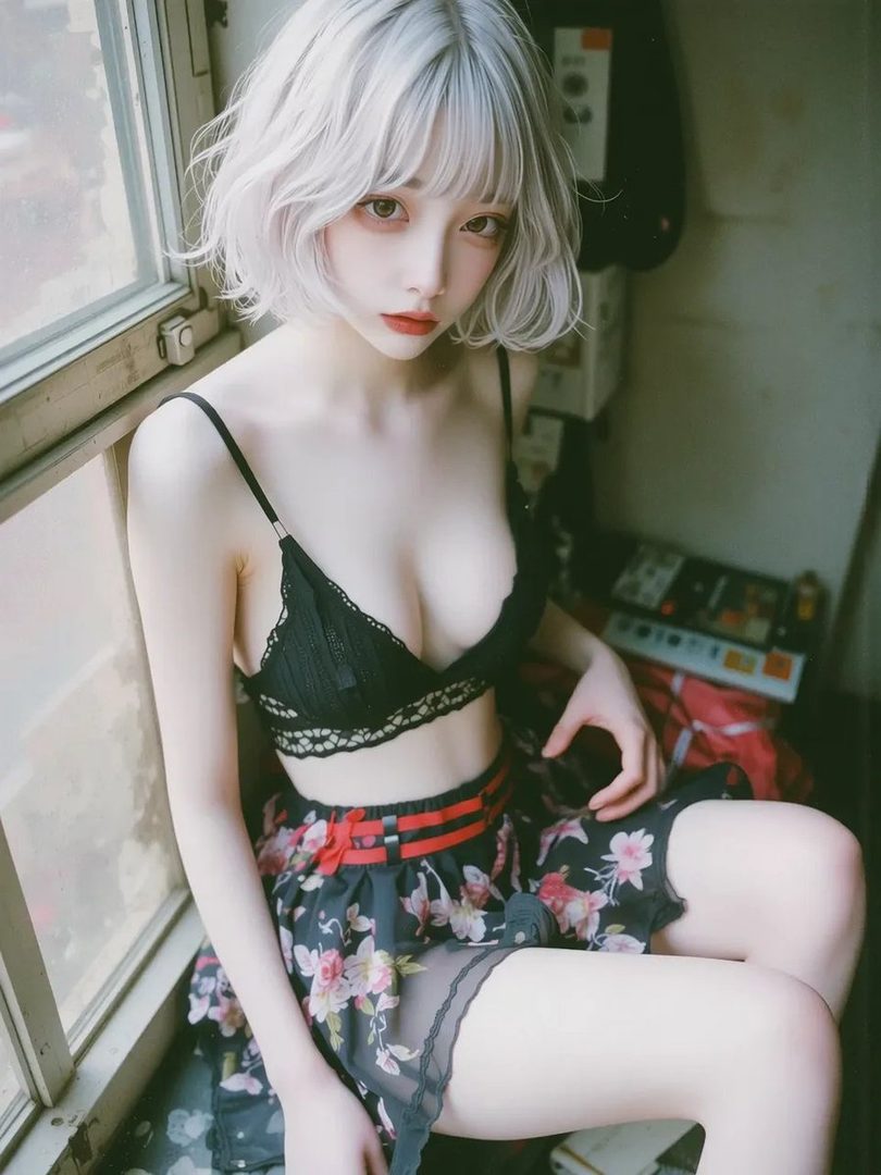 A young woman with short silver bob hair and red lips poses in a black lace crop top and floral skirt by a window.