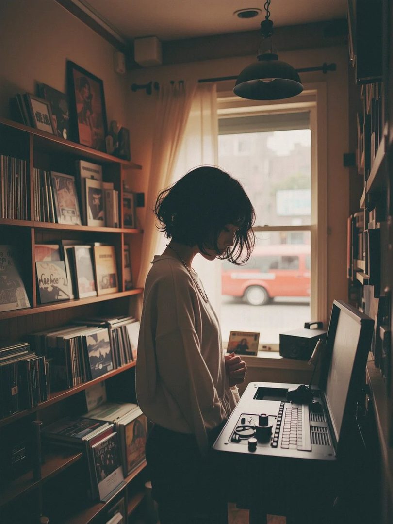 A young woman with short black bob hair stands thoughtfully in a cozy indoor room filled with bookshelves, gazing at a laptop near a sunlit window.