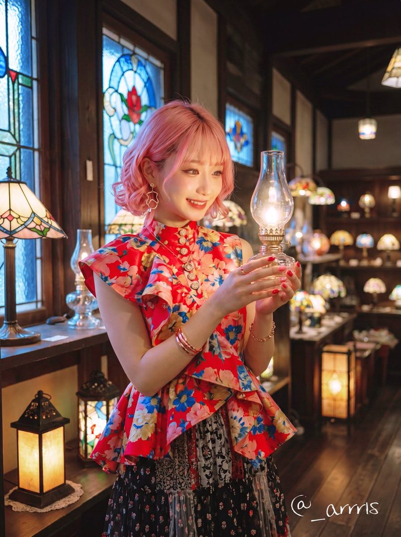 A smiling woman with short pink hair in a vibrant floral dress holds a glowing oil lamp inside a traditional Japanese room with stained glass windows.
