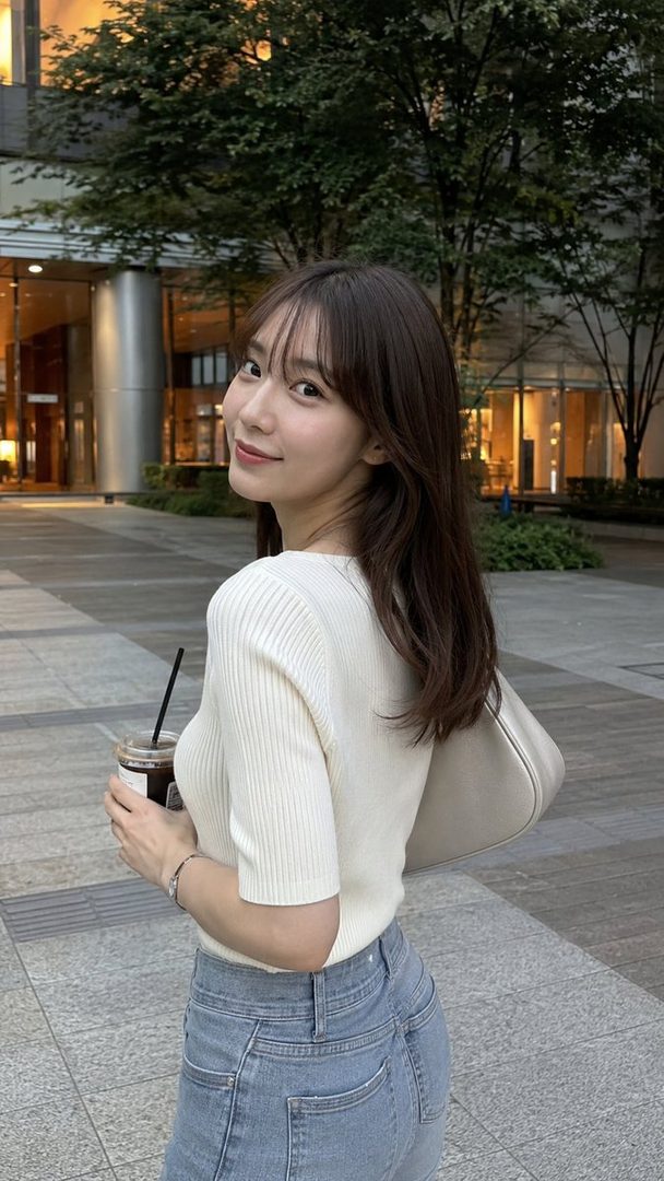A smiling woman with long dark hair, wearing a white ribbed knit top and jeans, holds an iced coffee while looking over her shoulder on an urban street.